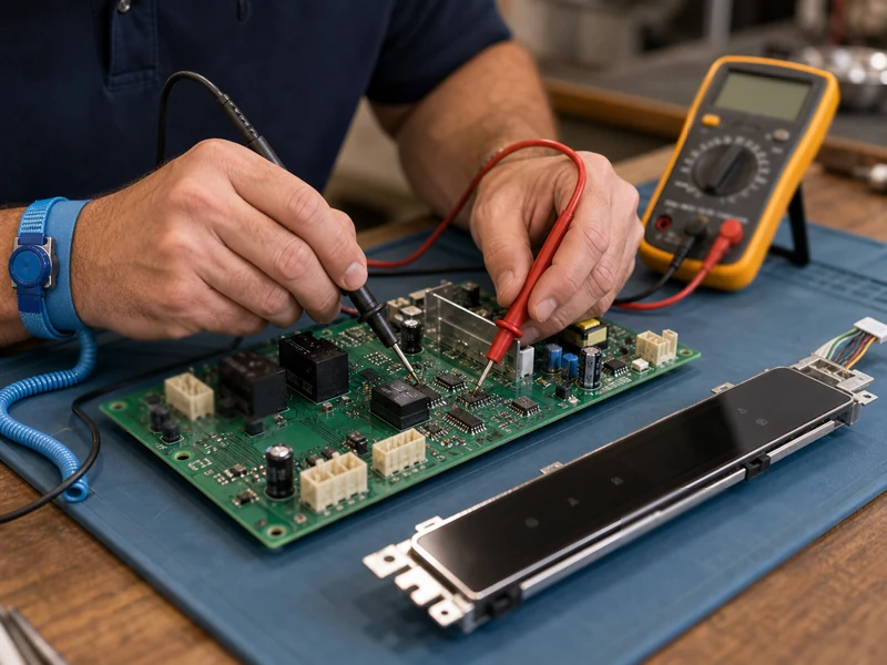 Technician bench-testing a Classic BI series control board pulled from a Julington Creek refrigerator