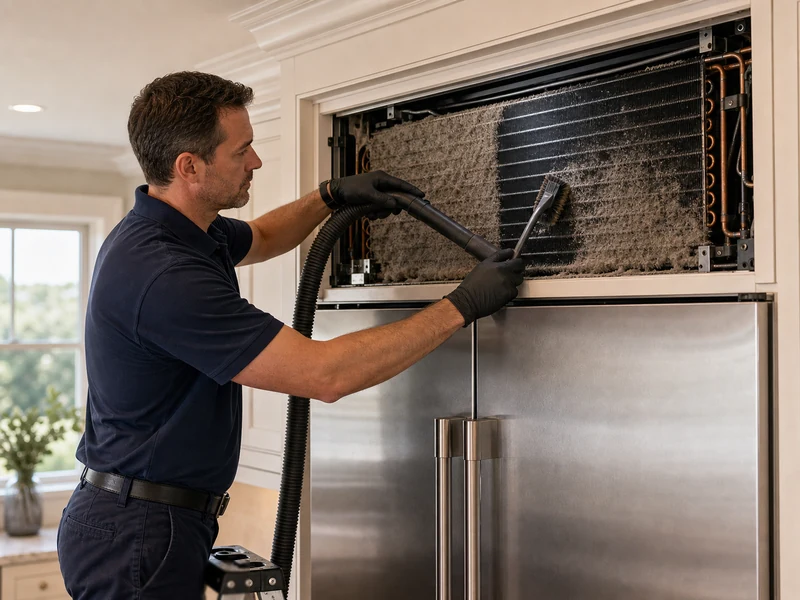 Technician vacuuming a dust-packed Sub-Zero condenser coil behind the upper grille in a Durbin Crossing kitchen