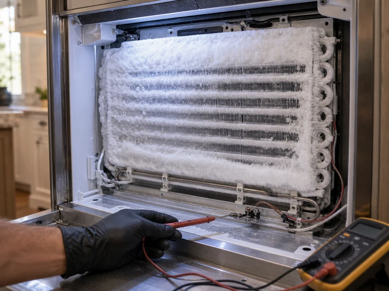 Frost-covered Sub-Zero freezer evaporator with the cover removed during a defrost-system repair in Aberdeen