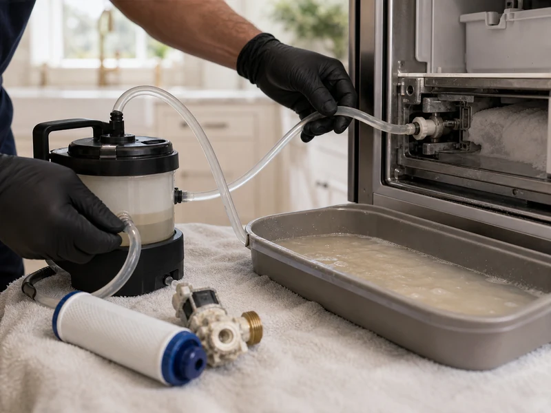 Descaling rig flushing mineral buildup out of a Sub-Zero ice maker water line