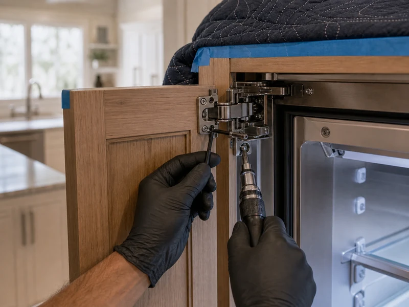 Technician recalibrating an integrated Sub-Zero column hinge and panel in a Durbin Crossing kitchen