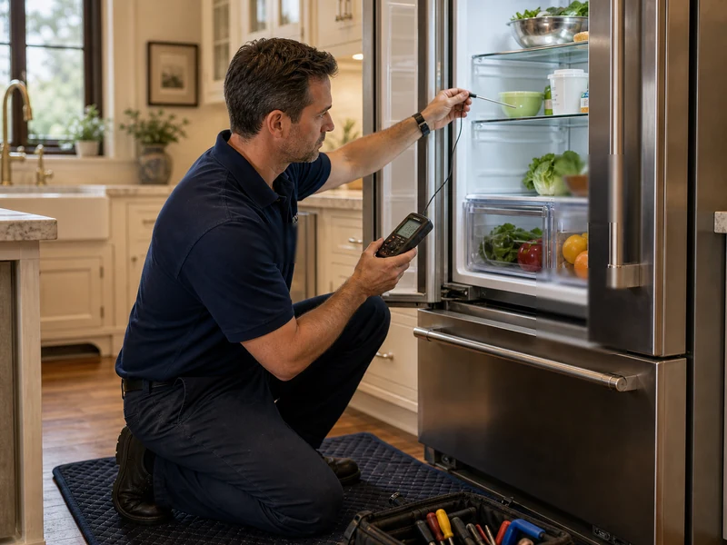 Technician checking the dual-zone setpoints on a Sub-Zero glass-door wine cabinet in a Julington Creek pantry