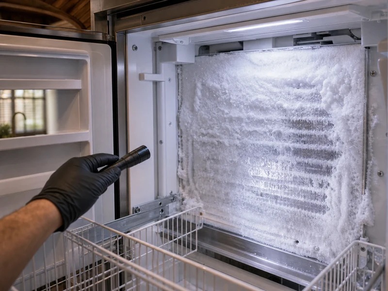 Frost ridge on a Sub-Zero freezer back wall pointing to a failed defrost heater