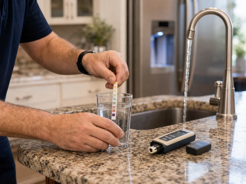 Technician measuring supply water hardness at a kitchen tap in a St. Johns Forest home